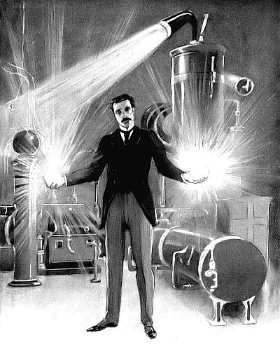 Нікола Тесла тримає в руках кулі полум'я.